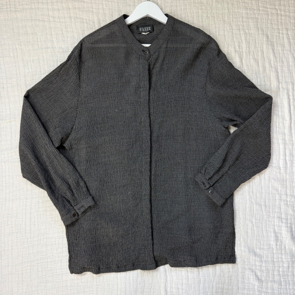 Eileen Fisher Plaid Mandarin Collar Rayon Wool Blend Blouse Top Size‎ L Black